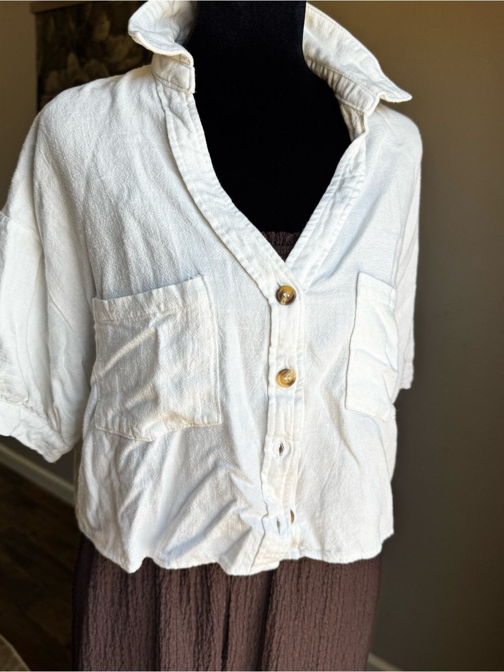 Altar'd State Cream Cropped Button-Up Collared Top - Picture 2 of 4
